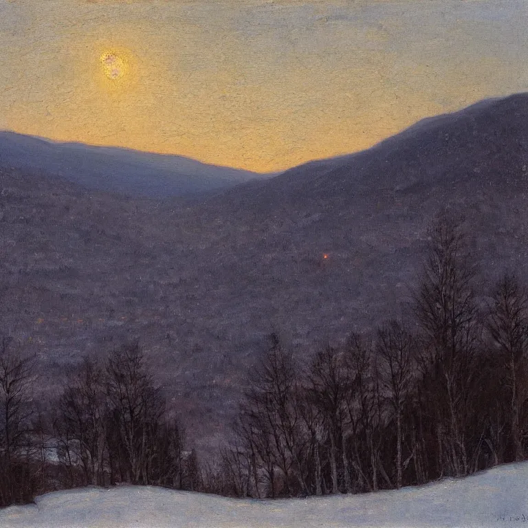 Prompt: new hampshire, mountains, winter, twilight, luminous, abbott handerson thayer, glaze oil painting