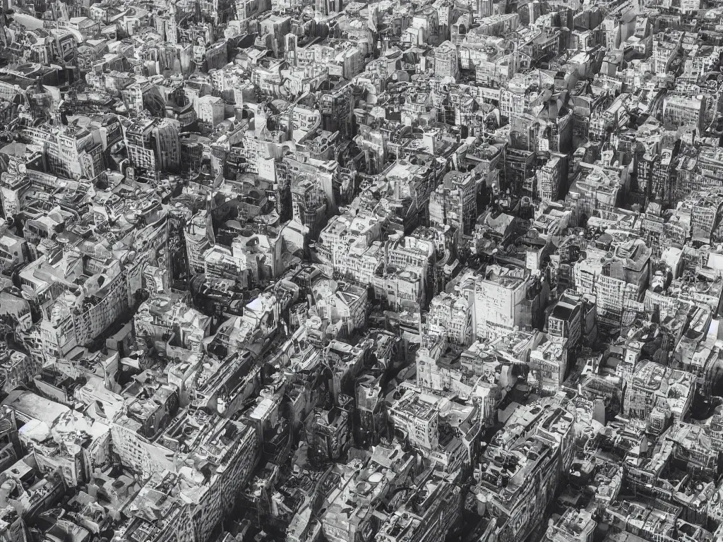 Image similar to drone view of a city, Brutalist architecture,sharp focus,telephoto lens,digital art 4k