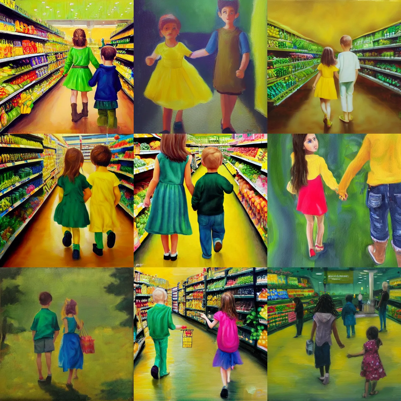 Prompt: a girl and younger brother walking hand in hand through a supermarket, yellow and green, dreamy, fantasy, oil painting