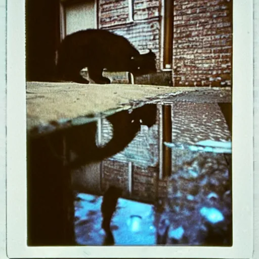 Prompt: wide-shot very low-angle eyesight reflection of a cat in the puddle at the street in Moscow, polaroid photo, by Andy Warhol, signed