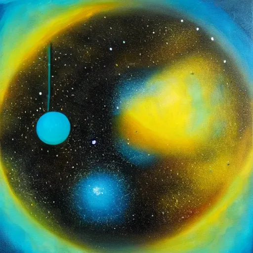 Prompt: abstract realistic painting of a black hole insine a golden dodecahedron with a blue and green nebula in background