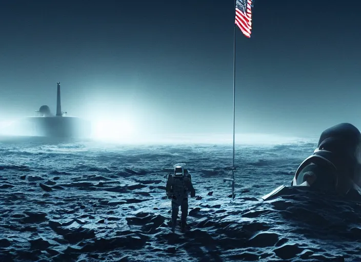 Image similar to astronaut holding a flag in an underwater desert. a submarine is visible in the distance. dark, concept art, cinematic, dramatic, atmospheric, 8 k, trending on artstation, blue, fish, low visibility, fog, ocean floor, christopher nolan, interstellar