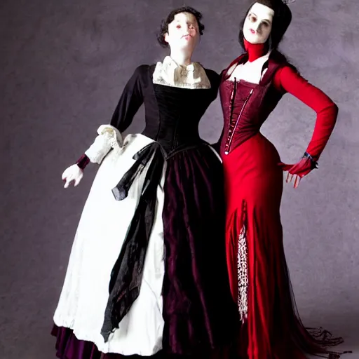 Prompt: tall vampire woman in victorian clothing standing next to normal sized woman