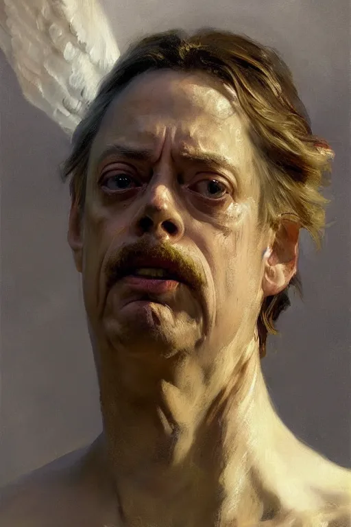 Image similar to beautiful detailed expressive impressionistic oil painting portrait of ancient roman god emperor steve buscemi levitating in angelic pose wearing the civic crown, art by anders zorn, wonderful masterpiece by greg rutkowski, expressive brush strokes, beautiful cinematic light, american romanticism by greg manchess, jessica rossier