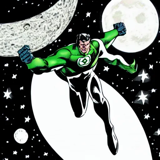 Image similar to comic Green Lantern in black and white uniform in space flying infront of the moon,