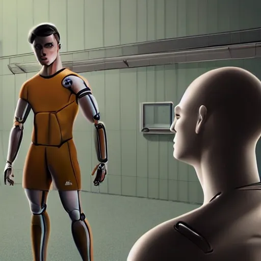 Image similar to a realistic detailed photo of a guy who is an attractive humanoid who is half robot and half humanoid, who is a male android, attractive and handsome soccer players, shiny skin, posing like a statue, blank stare, in a factory, on display, showing off his muscles, wearing soccer shorts, side view, looking at each other mindlessly