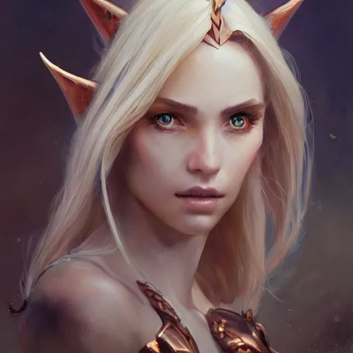 Prompt: A head-on detailed oil fantasy portrait of a pretty elf woman with subtle copper horns, long blonde hair and bright copper irises, by greg rutkowski and artgerm, trending on artstation, dungeon and dragons art