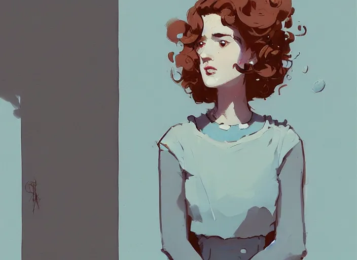 Image similar to portrait woman with short ginger curly hair in the crowd, by atey ghailan, by greg rutkowski, by greg tocchini, by james gilleard, by joe fenton, by kaethe butcher, by ashley wood, dynamic lighting, gradient light blue, brown, blonde cream and white color scheme, grunge aesthetic