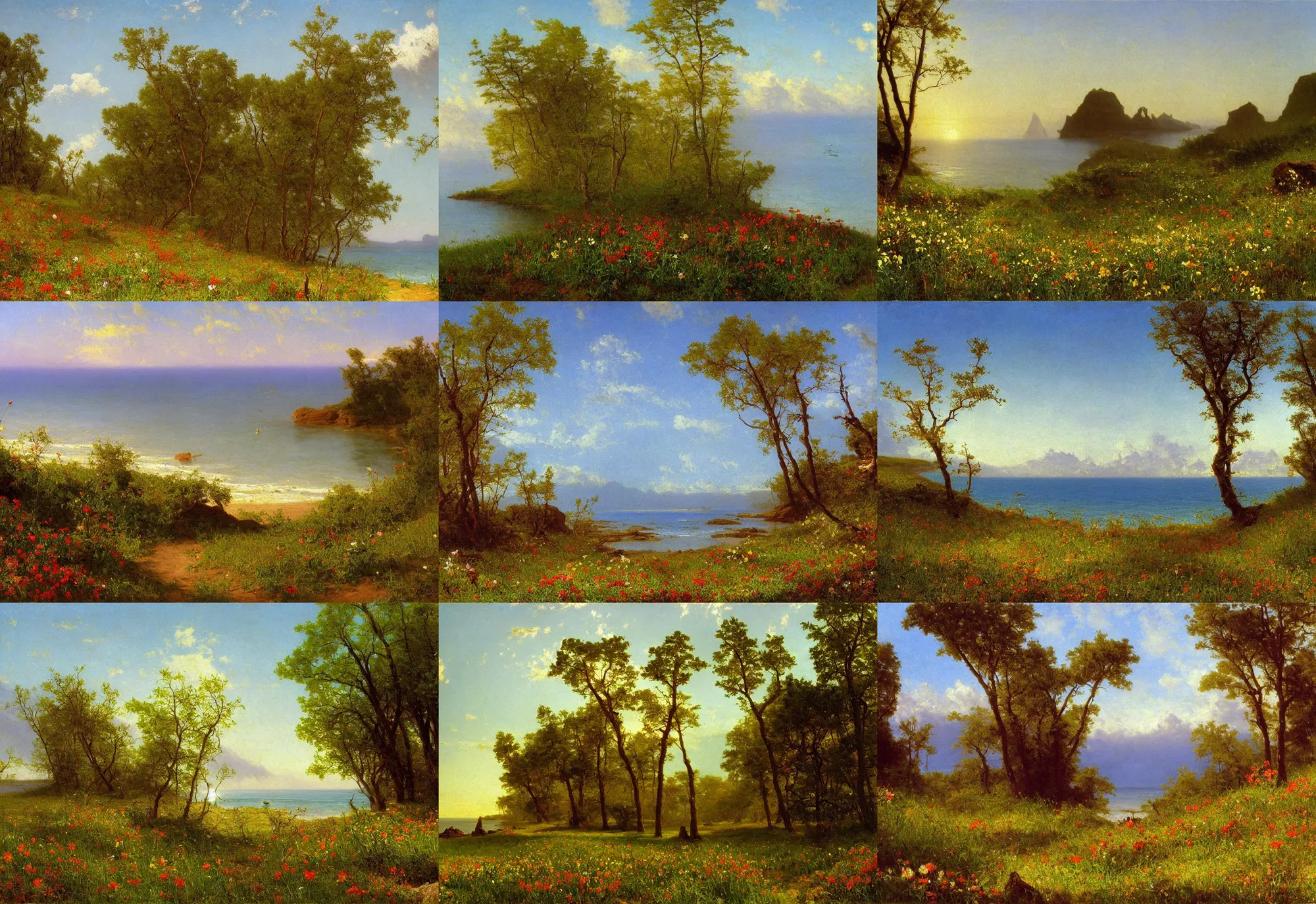 Prompt: a remote beach, perfect spring day with, colorful wildflowers, painting by albert bierstadt, early morning light