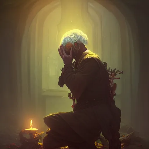 Prompt: an old necromancer kneeling down and sobbing trying to resurrect his dead friend, artstation, Grim fantasy,emotional, EOS R5, f/2.5 , illustration , concept art, award winning photograph, 8k, Alphonse Mucha style,