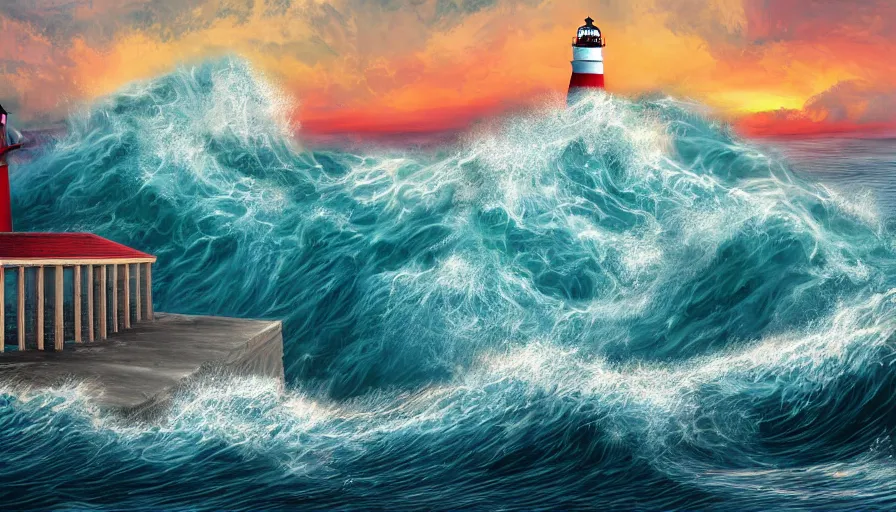 Image similar to a lighthouse being struck by a huge wave out at sea, digital art, highly detailed, realistic, bright colors, 8 k