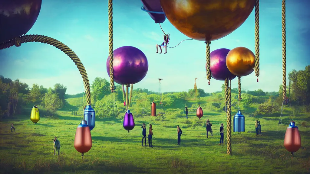Prompt: large colorful futuristic space age metallic steampunk balloons with pipework and electrical wiring around the outside, and people on rope swings underneath, flying high over the beautiful countryside landscape, professional photography, 8 0 mm telephoto lens, realistic, detailed, digital art, unreal engine