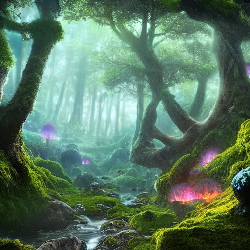 Prompt: ancient forest, fantasy creatures, moss landscape, lush, mushrooms, stones, mysterious, rainbow, intricate, hyper detailed, artstation, concept art, smooth, sharp focus, ray tracing, vibrant, photorealistic, albert bierstadt