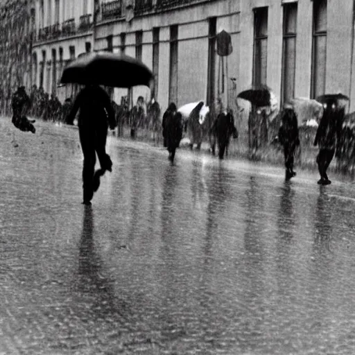 Image similar to the man leaping with an umbrella in a raining paris street, by henri cartier bresson,