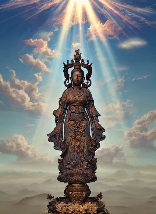 Image similar to guanyin stand on big loutus, a godness of the southern seas, a realistic setting with muted colors, visual novel cover, by yoshitaka amano, zeng fanzhi, jane hamilton, tiffany studios, sunrays shine uponit, frostbite 3 engine, cryengine, dof, trending on artstation, digital art, fantasy detailed background