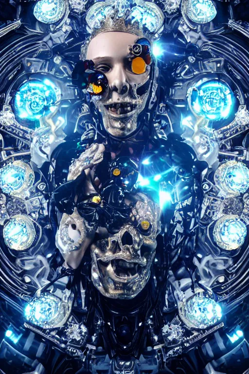 Prompt: full-body rococo and cyberpunk style crystal quartz statue of a young beautiful screaming Brazilian android man falling from the sky, glowing white laser eyes, crown of blue gears and diamonds, swirling gold-colored silk fabric. futuristic elements. full-length view. steampunk roses. human skulls. intricate artwork by caravaggio. Trending on artstation, octane render, cinematic lighting from the right, hyper realism, octane render, 8k, depth of field, 3D