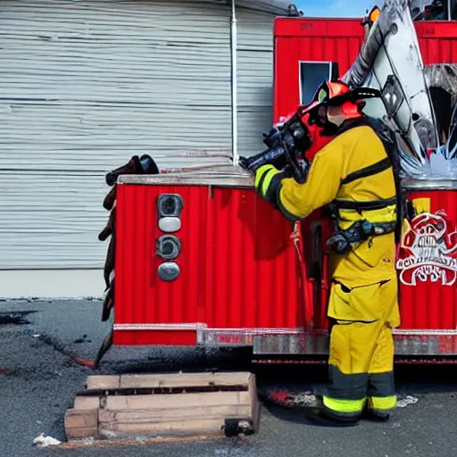 Prompt: a clown wearing firefighter clothes, using a flamethrower on a dumpster fire