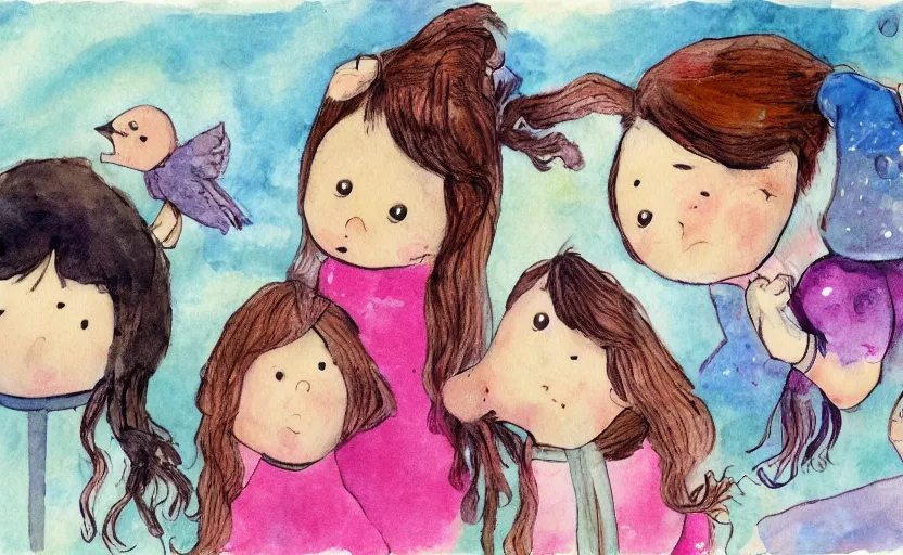 Image similar to children book illustration, A voice that flutters like a soft blanket around the four of them, water color