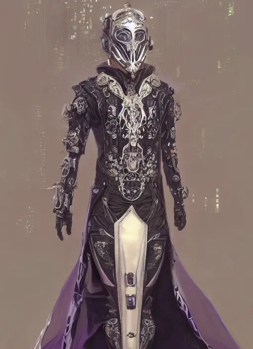 Image similar to a handsome male ornate cyborg with a white techwear mask, purple garment with art nouveau ivory accessories, dressed in black intricate lace and jewels, ethereal, misty, cyberpunk, darksynth, luxury, concept art by zeen chin, extremely detailed, artstation, andree wallin, edvige faini, alphonse mucha, 8 k, unreal engine 5