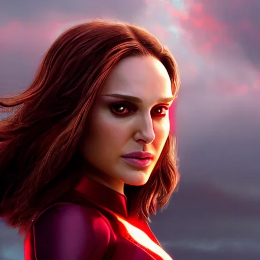 Image similar to Natalie Portman as scarlet witch from MCU, highly detailed, artstation, 8K HDR, sunset.