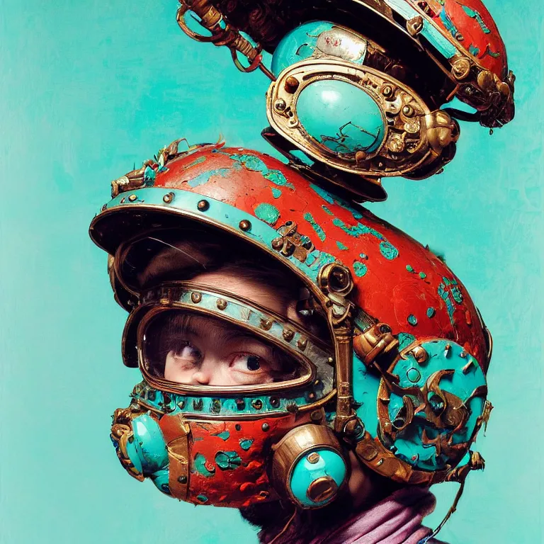 Prompt: hyperrealistic detailed higher angle portrait of a cute character in ornate fighter pilot helmet, background turquoise plastic bag, circuitboard, rich deep colors, ultra detail, by francis bacon, james ginn, petra courtright, jenny saville, gerhard richter, zdzisaw beksinski, takato yamamoto. masterpiece, elegant fashion studio ighting 3 5 mm
