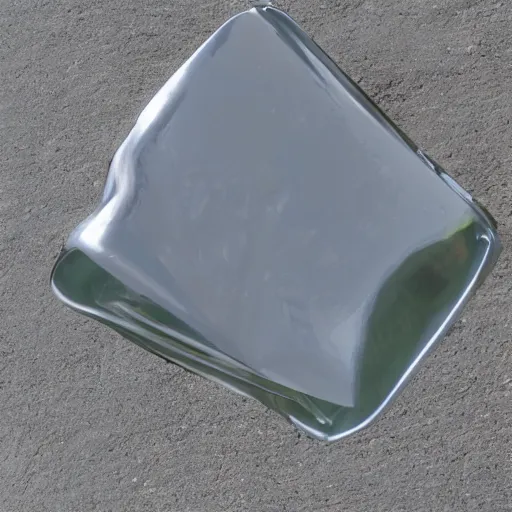 Prompt: weird angular dented broken plastic cover chrome underside vented machine on the concrete