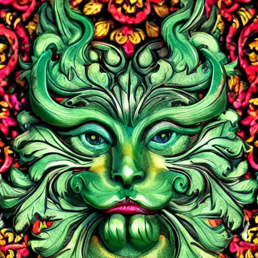 Prompt: beautiful colourful highly detailed incredibly ornate decorative green man as a cat face 3 d sculplture by walter crane and william morris, closeup, twisting leaves, tiny fine flowing lines, abstract psychedelic, 8 k, artstation