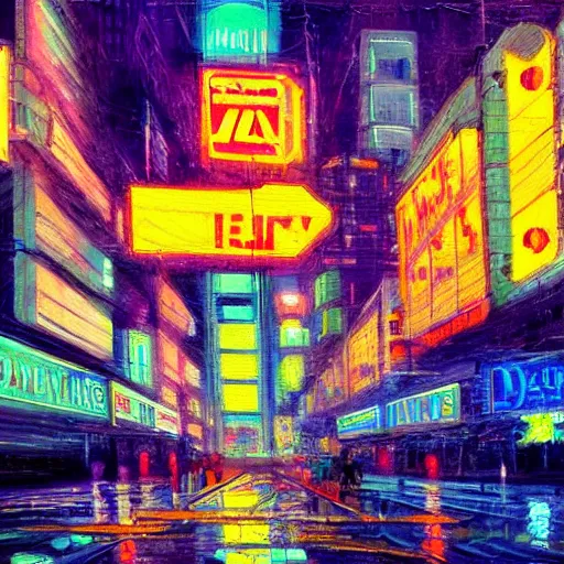 Image similar to an impressionist oil painting of a cyberpunk dystopian city with a lot of neon signs