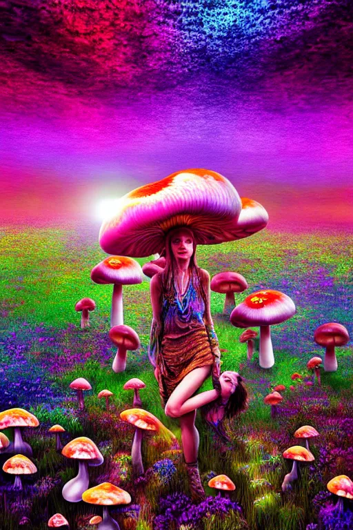 Image similar to hyperrealistic portrait of melting hippies - epic cinematic mushrooms with psychedelic field of flowers, highly detailed smooth digital art masterpiece, pablo amaringo dramatic low light, ground angle uhd 8 k, sharp focus