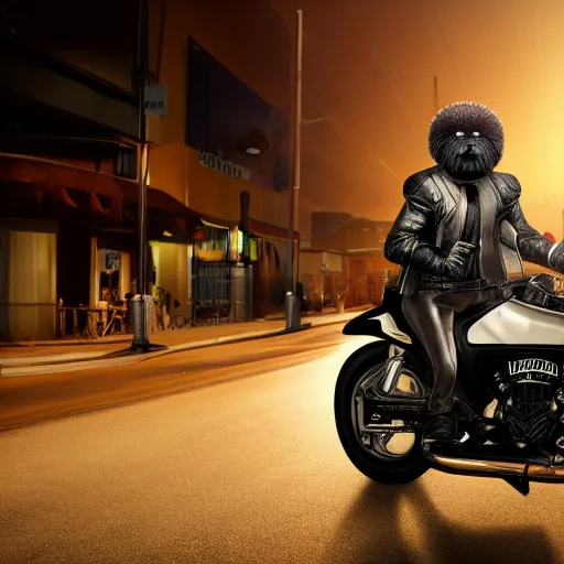 Prompt: a photorealistic image of bichon frise riding a black motorcycle in Hollywood at sundown. This 4K HD image is Trending on Artstation, featured on Behance, well-rendered, extra crisp, features intricate detail and the style of Unreal Engine.