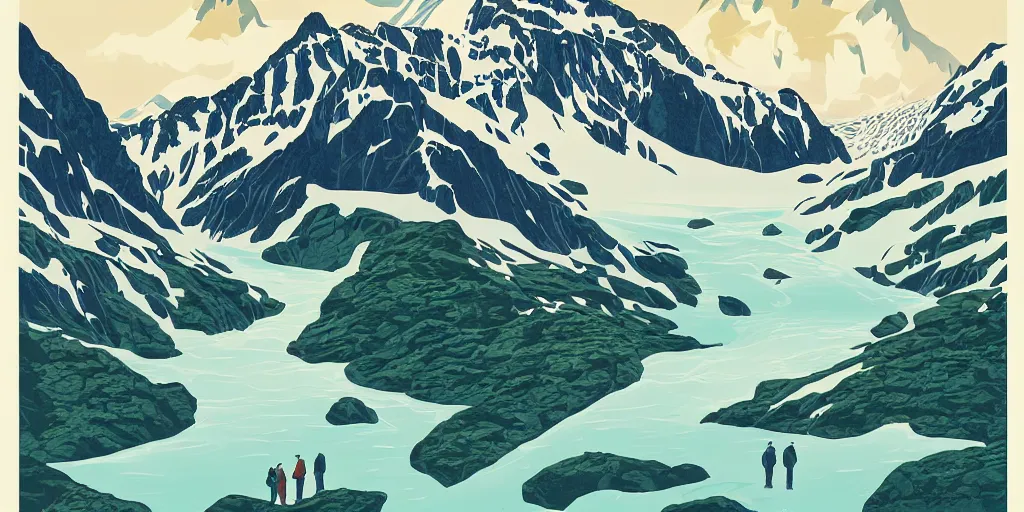 Prompt: beautiful idyllic poster illustration for a craggy ice glacier valley national park by ludwig hohlwein, ludwig hohlwein, graphic, behance, clean bold design