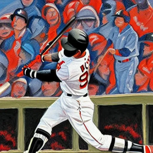 Image similar to a beautiful painting of mookie bets, hitting home run, fire from bat,