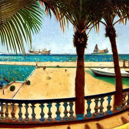 Image similar to a ultradetailed beautiful painting of a old boat in the amazonas palace balustrade designed by jules bastien - lepage, tarsila do amaral, frank weston and gustave baumann, beach, trending on artstation, mediterranean, palm trees, sharp focus, soft light, 8 k 4 k