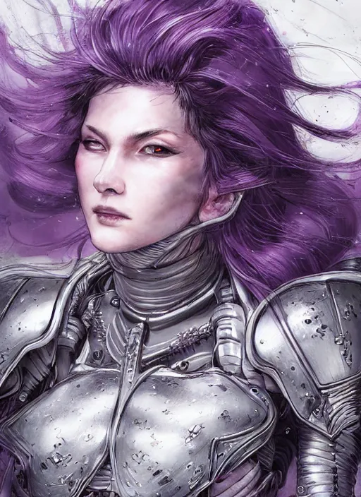 Image similar to close up portrait of a pale woman in sci - fi armor with purple hair, powerful, domineering, stoic, masterful, intense, ultrafine hyperdetailed illustration by kim jung gi, irakli nadar, intricate linework, sharp focus, octopath traveler, yoji shinkawa, yoshitaka amano, detailed, concept art