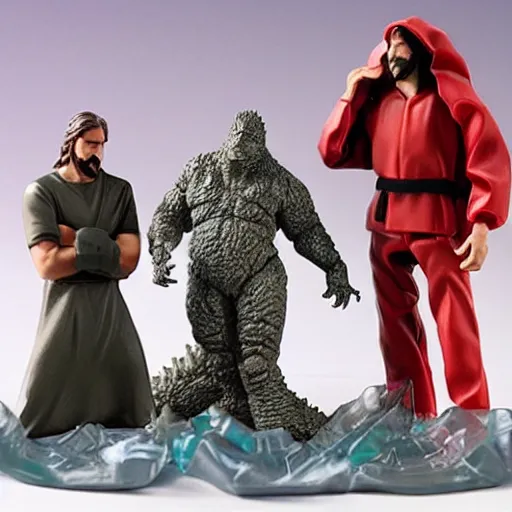 Image similar to Jesus vs Godzilla action play figures in a plastic toy bag