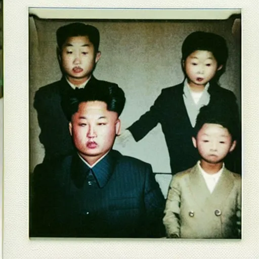 Image similar to kim jong creepy family, driking blood of his son, polaroid