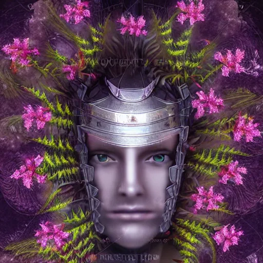 Image similar to a male knight, stern face, clear eyes, shining armour made of steel and flowers, and fractal flowery hair in a fractal garden, glowing delicate flower, berries and ferns that grow in a dark fantasy forest, full frame,