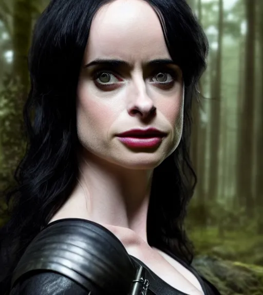 Image similar to 5 5 mm close up portrait photo of krysten ritter as yennefer of vengerberg in black leather armor and black hair, in a forest. magical atmosphere. art by greg rutkowski. lifelike. very detailed 8 k. intricate. soft light. nikon d 8 5 0.