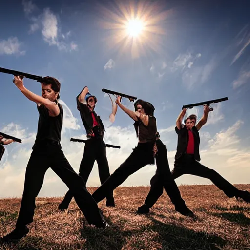 Prompt: <photograph lighting=bright rating=high>Vampires Dancing In the Sun Holding Guns</photograph>