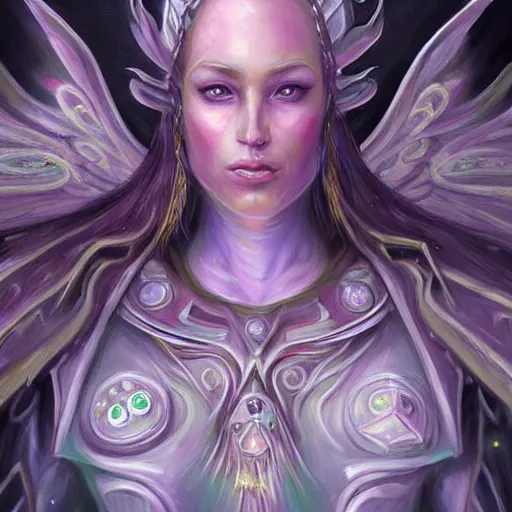 Prompt: Shoulder level close up portrait of a seraphim angel fused with wisp night elves from warcraft 3 , neo solar punk future future metaverse minimal intricate cyborg, sculpted technology tech techno angelic warrior by Mandy Jurgens, cartoon, oil painting , visionary art, symmetric, Heavenly symbols, holy halo, astral patterns, sci-fi