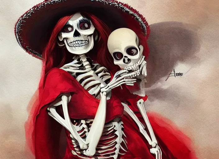 Image similar to cute & beautiful smiling mexican undead skeleton girl wearing a sombrero and a wide red dress, elegant, digital art, fantasy, pixar style, painting, pin up, highly detailed, artstation, art by artgerm, vrubel and boris vallejo