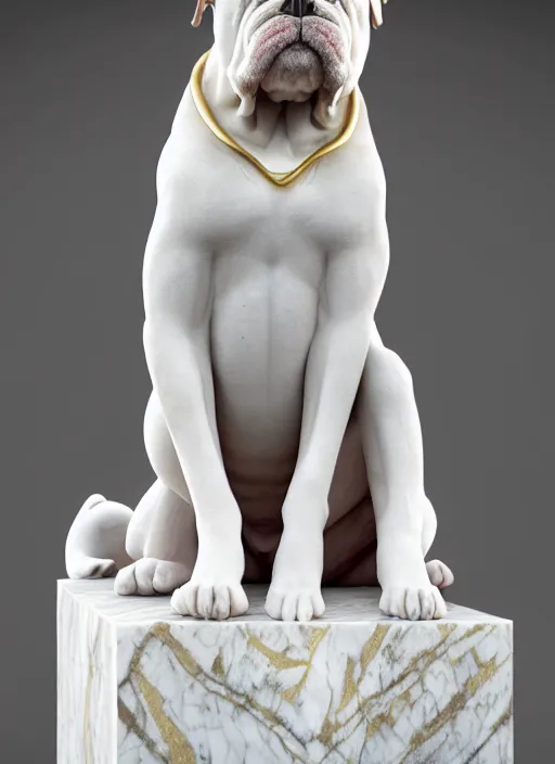 Prompt: a statue made of white marble with gold veins, of klay thompson and a bulldog, full body shot, perfect symmetrical body, perfect symmetrical face, hyper realistic, hyper detailed, by johannen voss, by peter kemp, by monia merlo, by michelangelo, by ernst haeckel, by alex grey, octane render, blender, 8 k