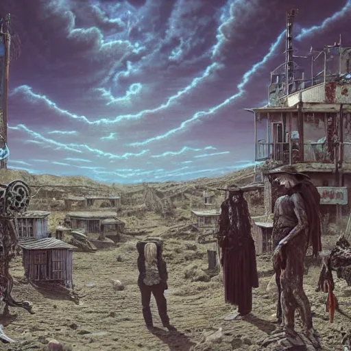 Prompt: a hyperrealistic painting of a westworld ghost town with cowboy pepe the frog teleporting through portals and zombie aliens, apocalyptic desert, cinematic horror by chris cunningham, richard corben, hr giger, highly detailed, vivid color, beksinski painting, part by junji ito and gerhard richter. art by takato yamamoto. masterpiece