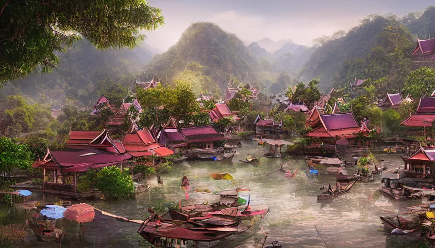 Image similar to matte painting of a beautiful thai village, digital art, trending on artstation