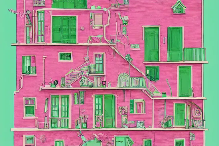 Image similar to a pink and green 2 d illustration of a cross section of a house, a storybook illustration by muti and tim biskup, featured on dribble, arts and crafts movement, behance hd, storybook illustration, dynamic composition