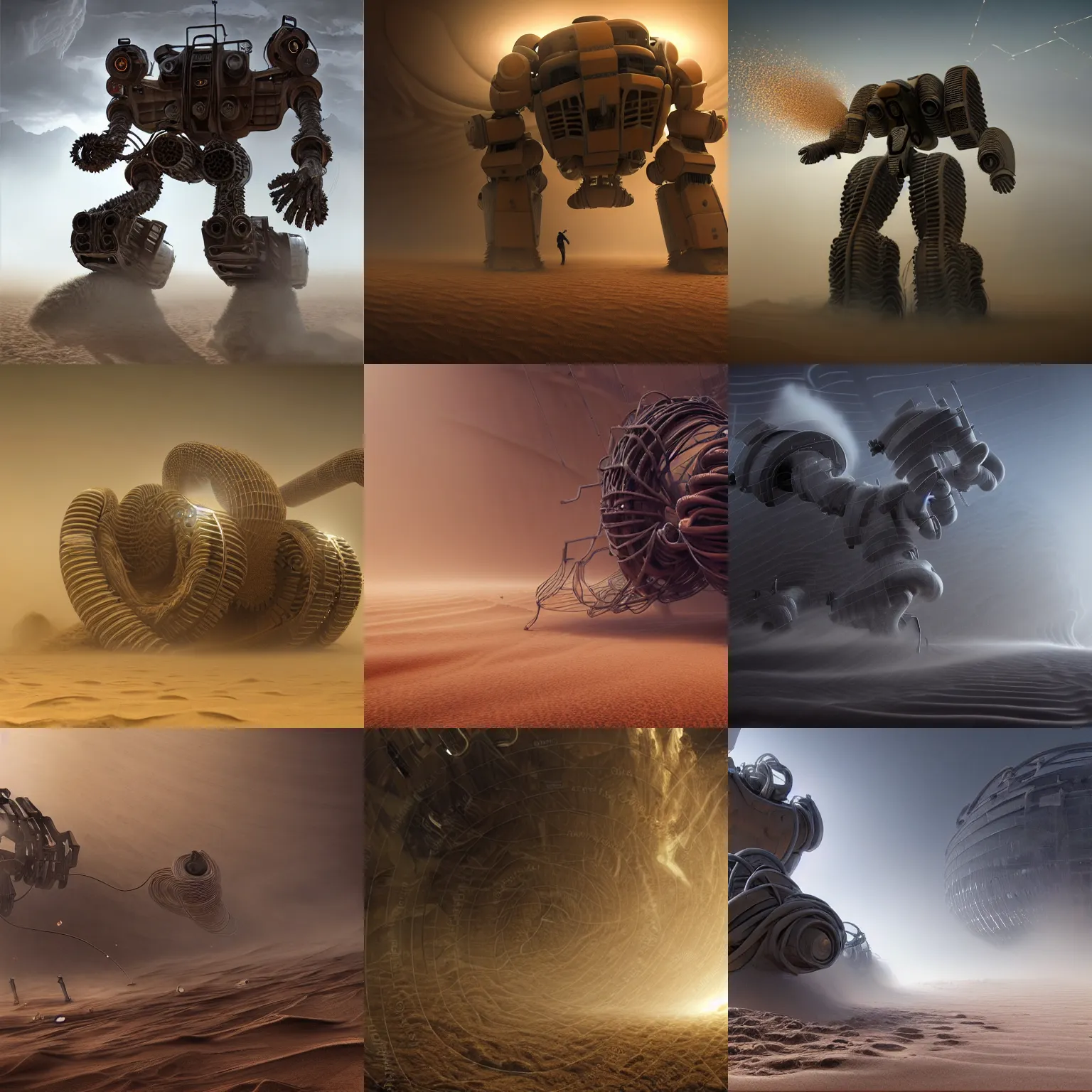 Prompt: ultra realistic, cg artwork, intense heavy thick dense sandstorm swirling, spinning, rotating, interwoven and covering a ruin slim humanoid mega mech, broken down, decomposition, disintegrating, disappearing, screw, nut, pipe, circuits, wires