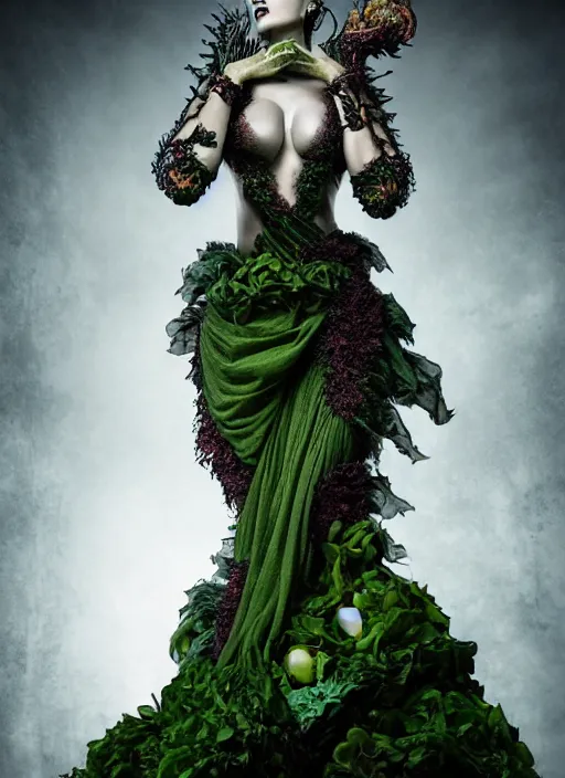 Image similar to expressive full body photo of demoness, dress made of cabbages, glamour shot, by karol bak, stefan gesell, photorealistic, nikon d 4 x, fashion photography, hyper maximalist, elegant, ornate, luxury, elite, environmental portrait, symmetrical features, octane render, unreal engine, solid dark grey background, dramatic lights