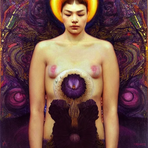 Prompt: face of the void blessing the lotus flower | highly detailed oil painting, hyperrealistic, very intrincate | cinematic lighting, award - winning | by roberto ferri, gustav klimt, william waterhouse and tom bagshaw | by austin osman spare and william blake, trending on artstation, cgsociety, official art, octane.