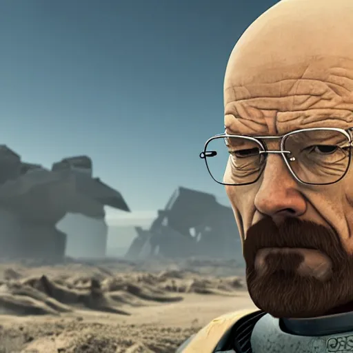 Image similar to Walter White in cybernetic battle armour, 4k octane render, highly detailed, concept art, Ralph McQuarrie