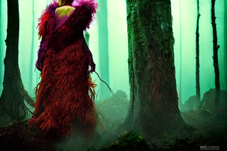 Image similar to editorial illustration by Karolis Strautniekas and Mads Berg, colorful,full body portrait of a forest priestess in a feathered robe,fine texture,detailed, ,film noir, dramatic lighting, dynamic composition,moody, vivid